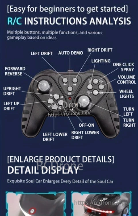 RC car with drift, lights, spray, volume control, and easy operation; beginner-friendly with detailed styling and directional controls.