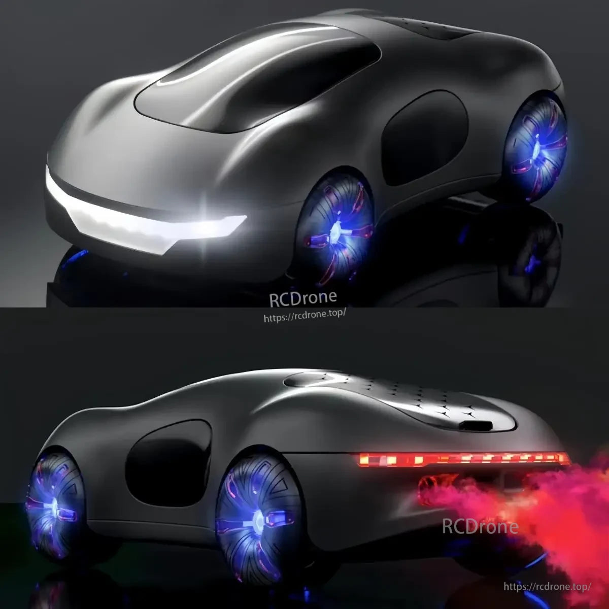 RC car concept supercar with dual spray, LED lights and sound, 3.7V battery, and features like stunt driving capabilities.