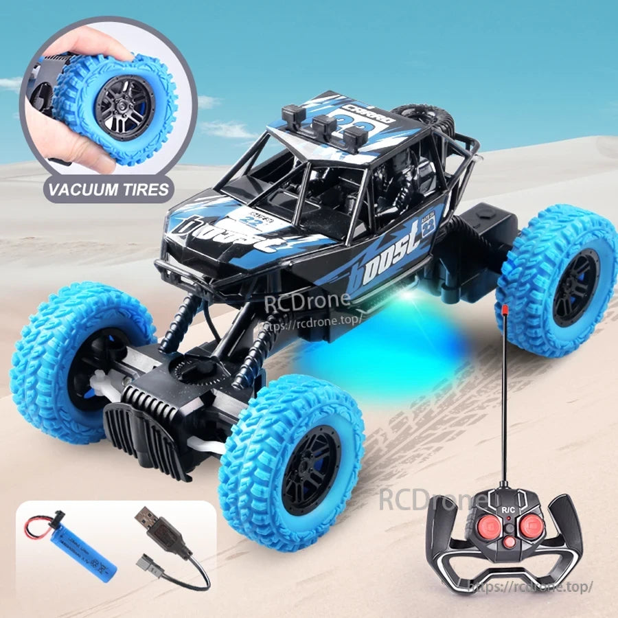 RC car off-road buggy with rubber tires, LED light, and 4-channel remote control, rechargeable via USB.
