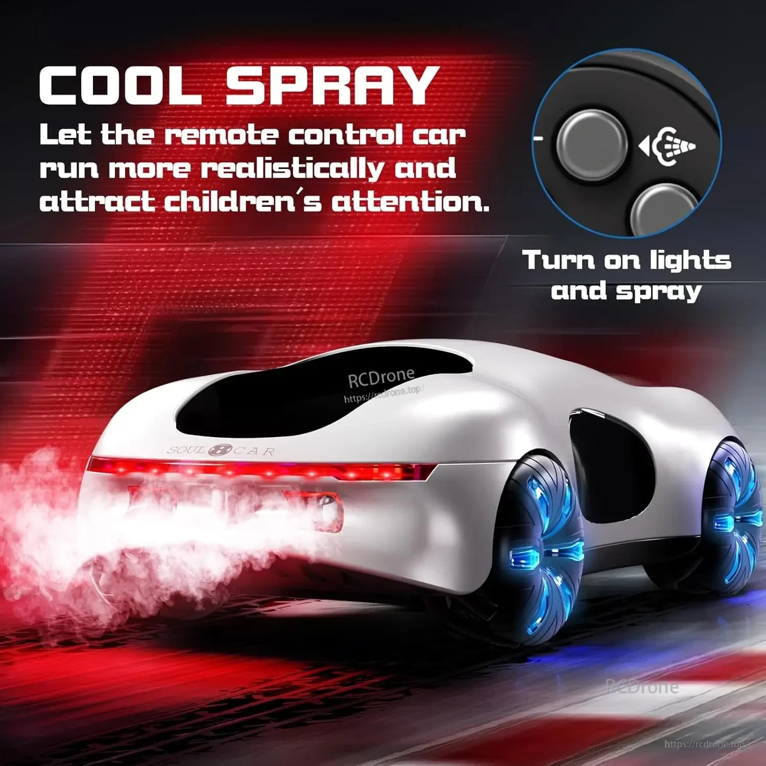 Cool spray RC car with lights and smoke effect for realistic fun.