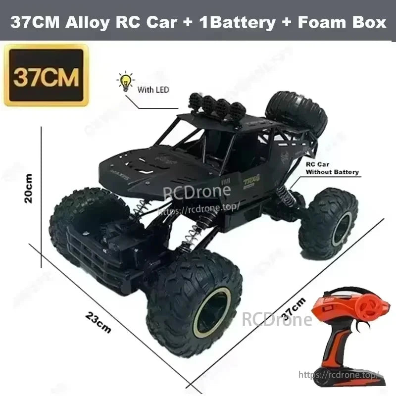 RC Off-Road Truck 1/12 4WD Alloy Climbing Car, 37cm alloy RC car with 4WD, 2.4GHz remote, dual motors, LED lights, 20km/h speed, 45° climb ability, includes battery and foam box.