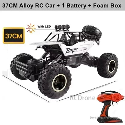 RC Off-Road Truck 1/12 4WD Alloy Climbing Car, 37CM alloy RC car with LED, 2.4GHz remote, dual motors, 4WD, 20km/h speed, 45° climbing ability, includes battery and foam box.