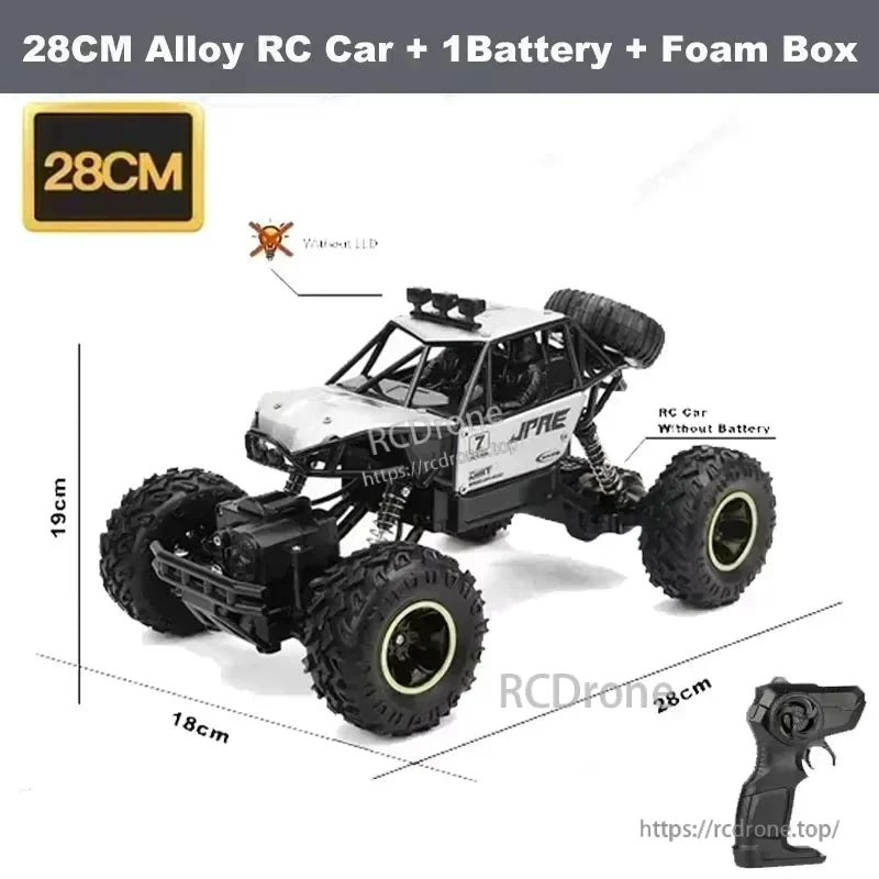 RC Off-Road Truck 1/12 4WD Alloy Climbing Car, 28CM alloy RC car with 4WD, dual motors, 2.4GHz remote, 20Km/h speed, 45° slope climbing, dimensions 28x18x19cm, includes 1 battery and foam box.