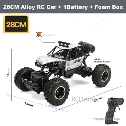 RC Off-Road Truck 1/12 4WD Alloy Climbing Car, 28CM alloy RC car with 4WD, dual motors, 2.4GHz remote, 20Km/h speed, 45° slope climbing, dimensions 28x18x19cm, includes 1 battery and foam box.