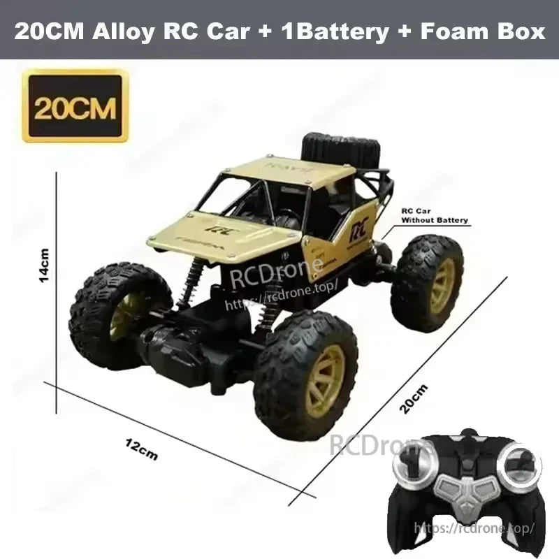 RC Off-Road Truck 1/12 4WD Alloy Climbing Car, Alloy RC car with 4WD, dual motors, 2.4GHz remote, climbs 45° slopes, high-speed monster truck, dimensions 20x12x14cm.