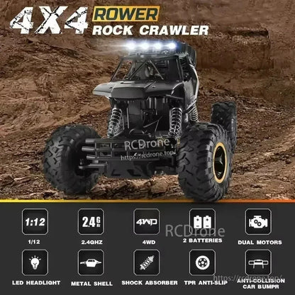 RC Off-Road Truck 1/12 4WD Alloy Climbing Car, A 1:12 scale 4x4 rock crawler with 2.4GHz control, 4WD, dual motors, two batteries, LED headlights, metal shell, shock absorbers, TPR tires, anti-collision bumper, and high-speed off-road performance.