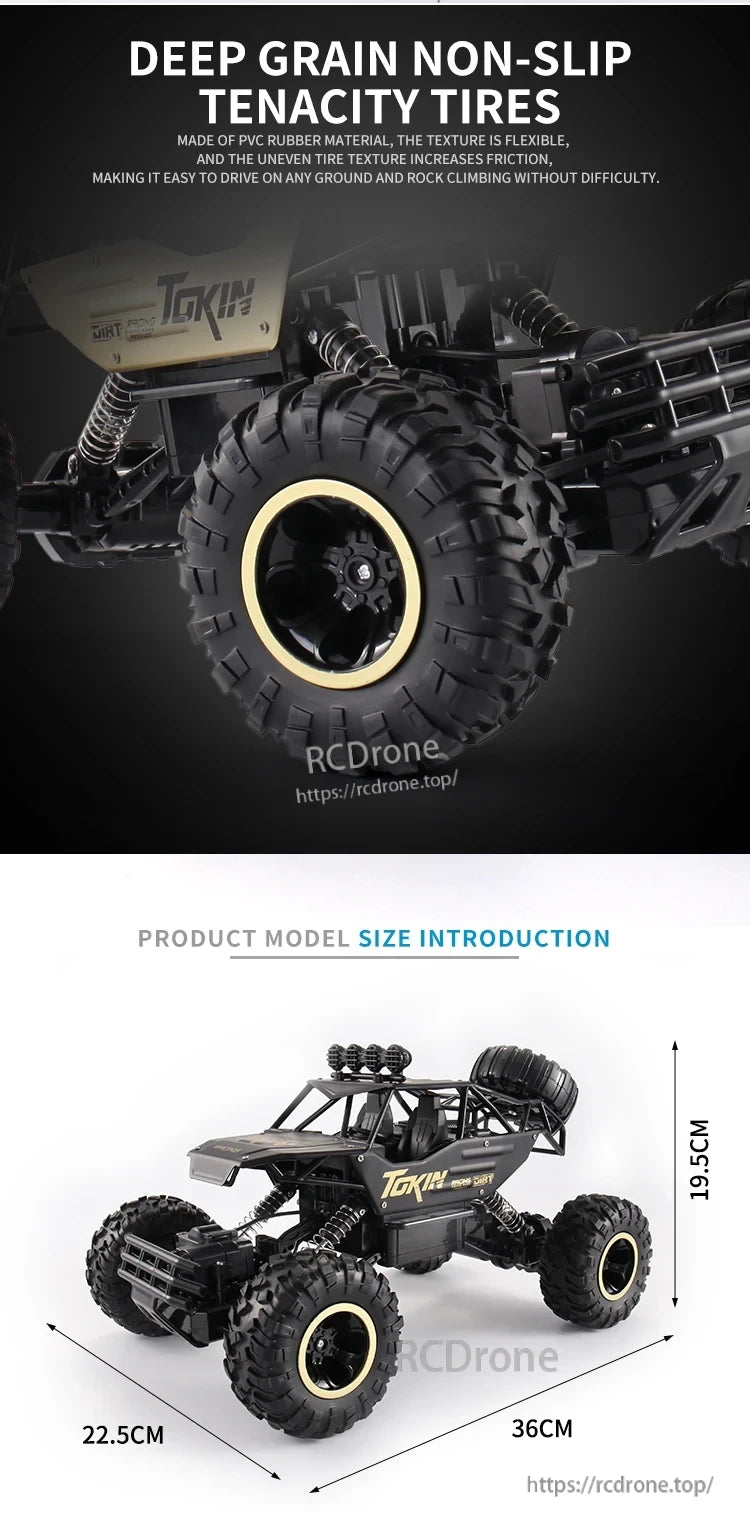 RC Off-Road Truck 1/12 4WD Alloy Climbing Car, TOKIN's 1/12 scale RC off-road truck has non-slip PVC rubber tires, a 4WD alloy chassis, and a durable frame for excellent traction and performance on rough terrain.