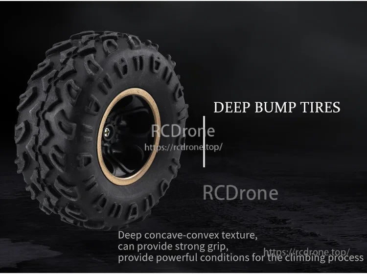 RC Off-Road Truck 1/12 4WD Alloy Climbing Car, Deep bump tires with textured surfaces provide excellent grip and climbing ability for off-road RC trucks.