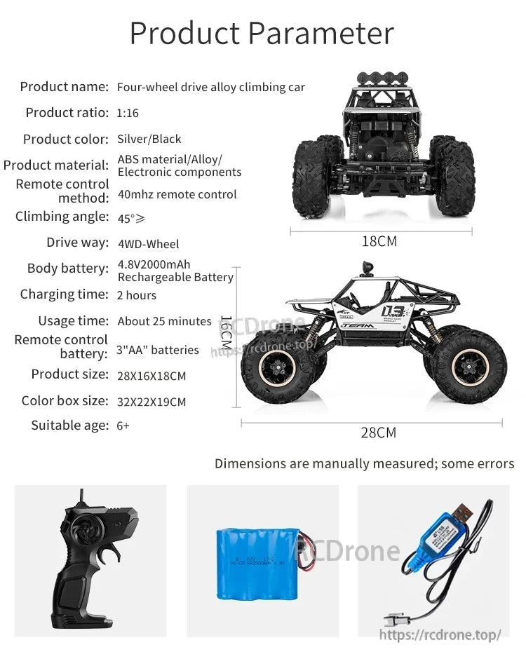 RC Off-Road Truck 1/12 4WD Alloy Climbing Car, Alloy climbing car, 1:16 scale, silver/black, ABS/alloy body, 40MHz remote, 45° climbing, 4WD, 4.8V battery, 2-hour charge, 25-minute runtime, 3 AA batteries, ages 6+, 28x16x18cm.