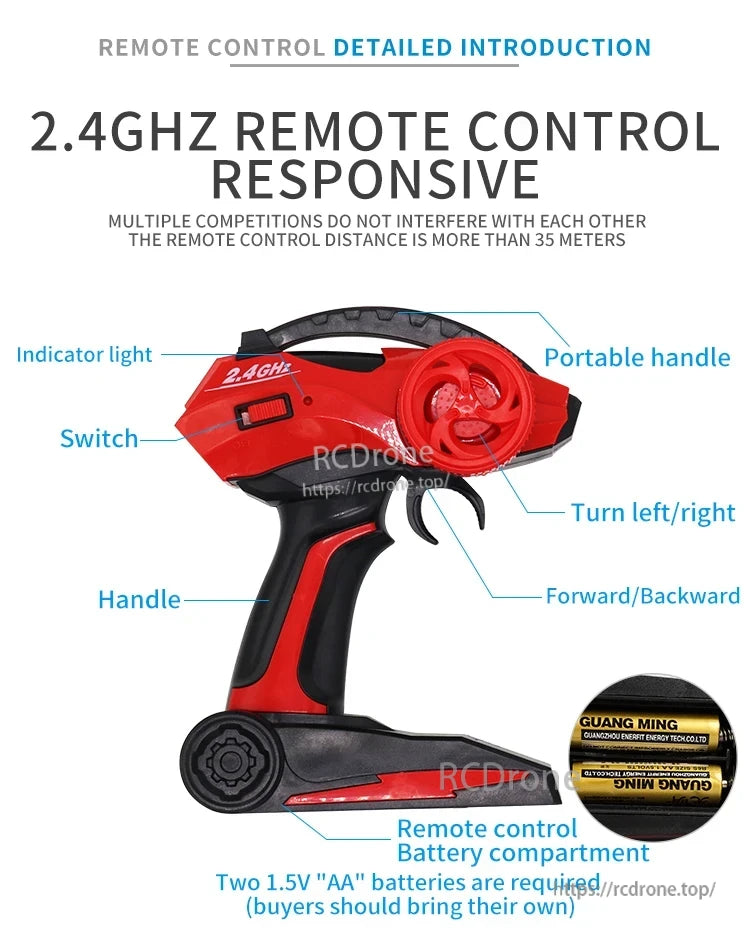 RC Off-Road Truck 1/12 4WD Alloy Climbing Car, A 2.4GHz remote control offers responsive operation with over 35 meters range, no interference. Features: indicator light, switch, handle, directional controls, and AA battery compartment.