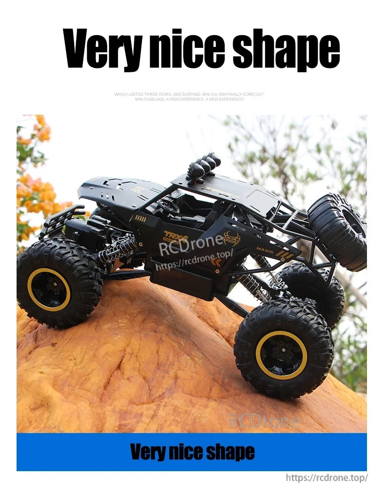 RC Off-Road Truck 1/12 4WD Alloy Climbing Car, RC off-road truck, 1/12 scale, 4WD alloy TRX4 model, black with yellow accents, rugged tires, detailed suspension for outdoor terrain.