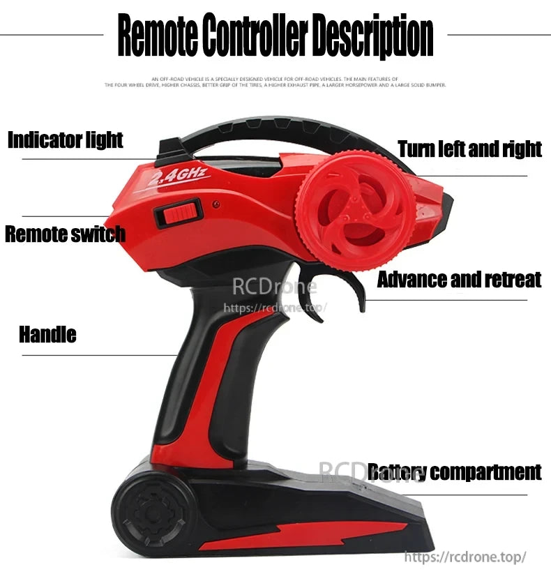 RC Off-Road Truck 1/12 4WD Alloy Climbing Car, A 2.4GHz remote control for off-road vehicles with four-wheel drive, high chassis, better grip, and durable design for rugged terrain.