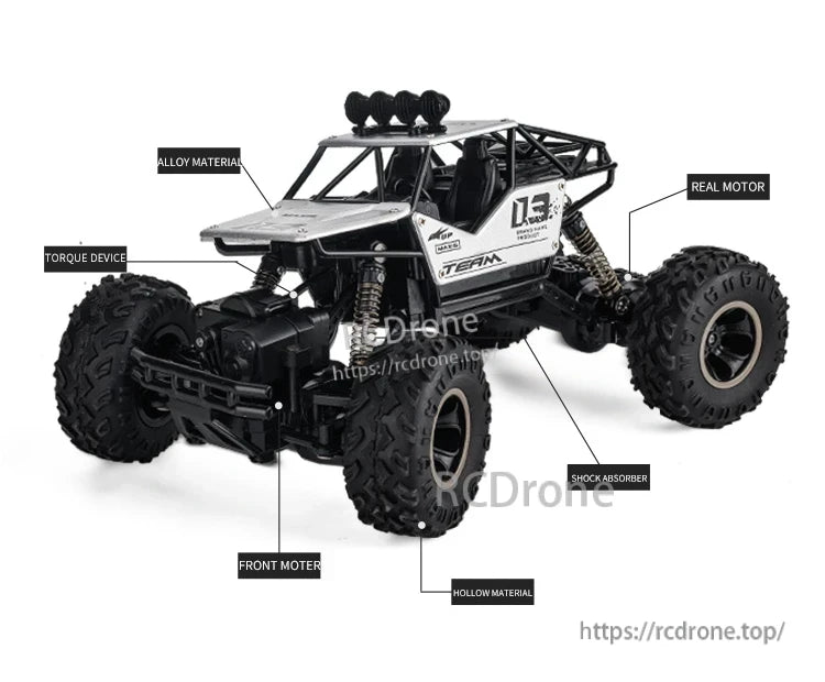 RC Off-Road Truck 1/12 4WD Alloy Climbing Car, A 1/12 scale 4WD alloy RC off-road truck featuring a real motor and shock absorbers for enhanced performance and durability.