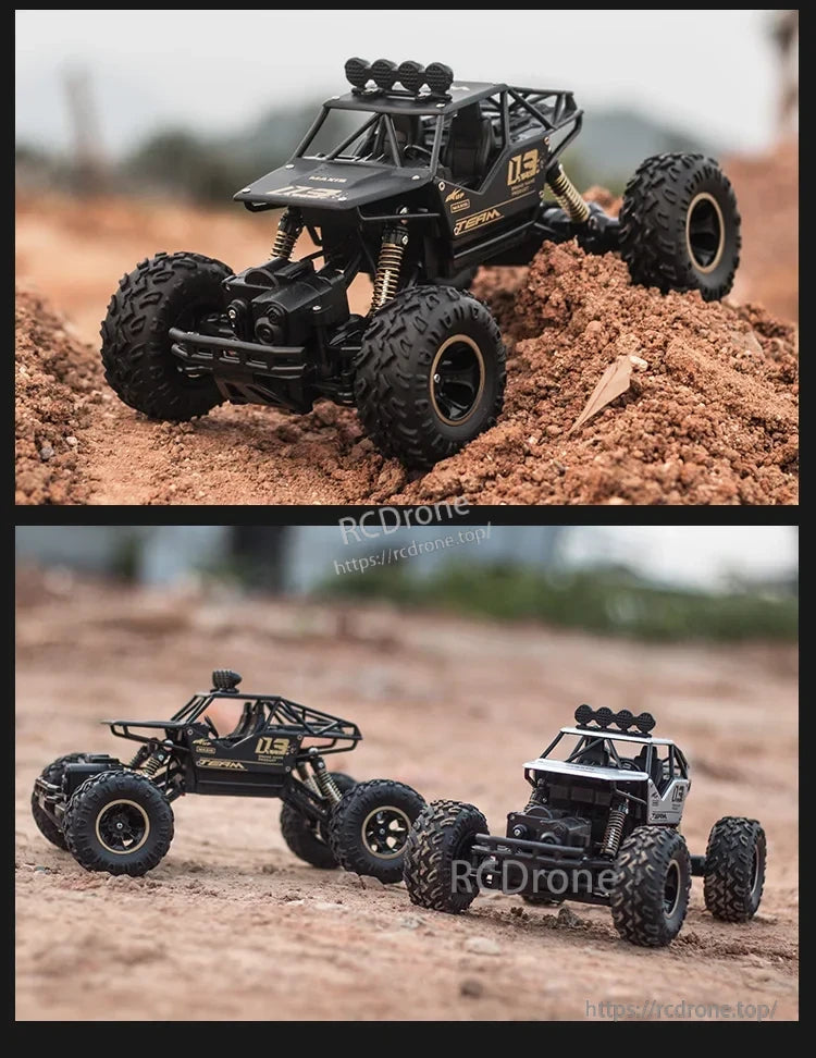 RC Off-Road Truck 1/12 4WD Alloy Climbing Car, An off-road vehicle features four-wheel suspension, deep-tread tires, and shock-absorbing design for smooth handling on rough terrain.