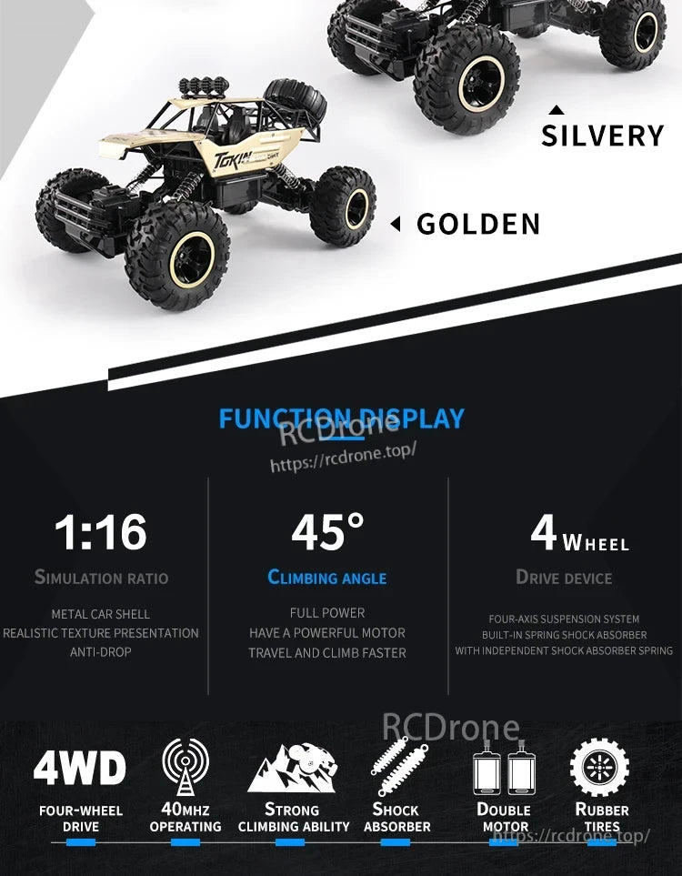 RC Off-Road Truck 1/12 4WD Alloy Climbing Car, 1:16 scale RC off-road truck with 4WD, 45° climbing, metal shell, 40MHz, dual motors, rubber tires, suspension, and shock absorbers. Available in gold and silver.
