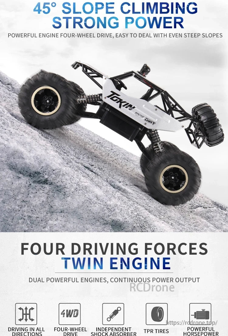 RC Off-Road Truck 1/12 4WD Alloy Climbing Car, The drone features 45° climbing ability, 4WD, twin engines, dual power, all-direction driving, shock absorbers, TPR tires, and strong horsepower.