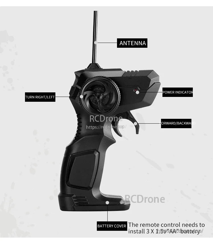 RC Off-Road Truck 1/12 4WD Alloy Climbing Car, Remote control with antenna, power indicator, directional controls, and battery cover for RC truck.