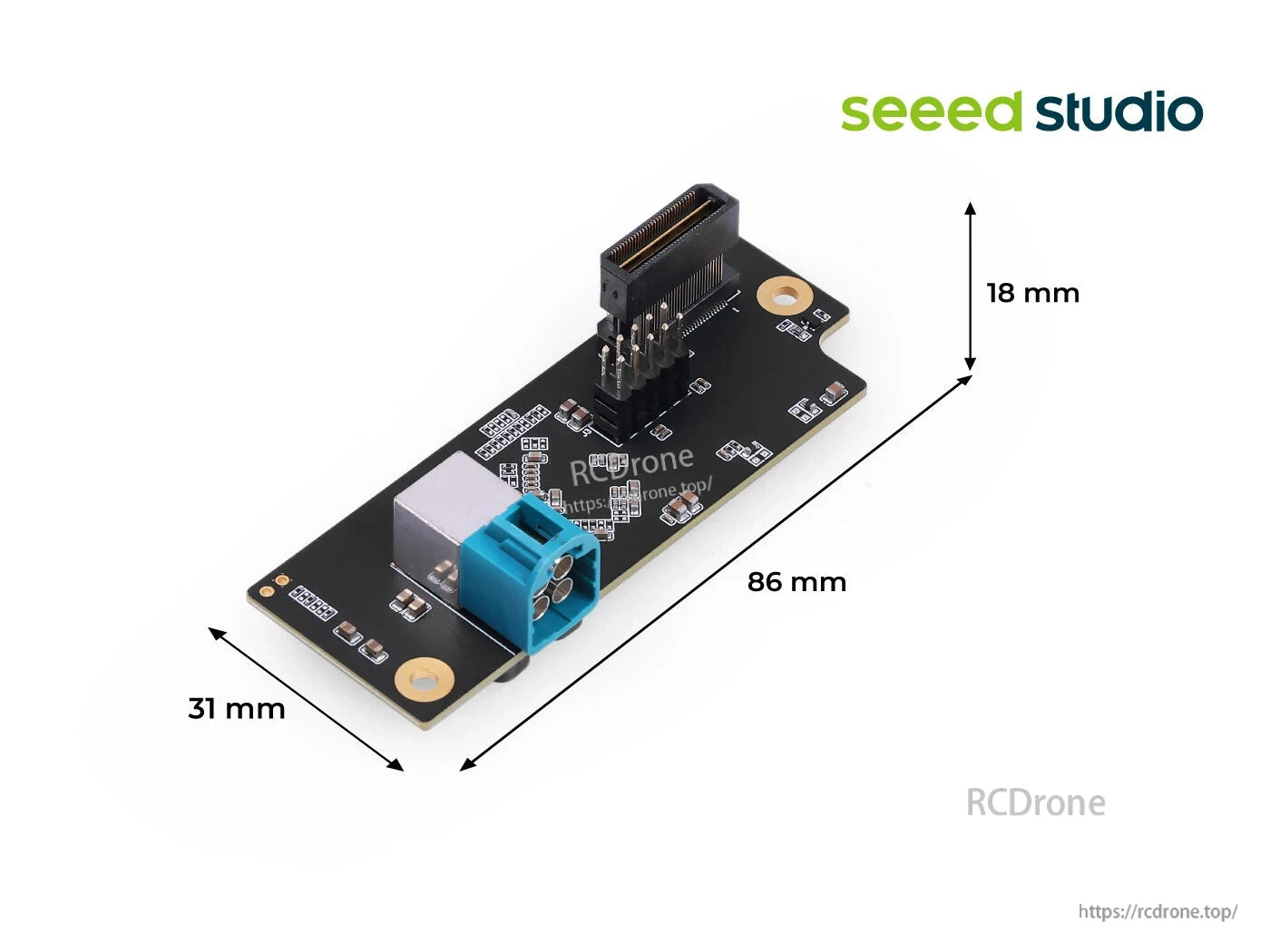 reComputer Robotics GMSL Board with MAX96712 Deserializer supports 4-camera coax, 6Gbps/channel, measures 86x31x18 mm.