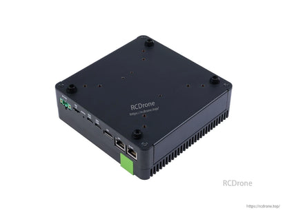 Fanless edge AI computer with NVIDIA Jetson Orin Nano 4GB, 20 TOPS, dual GbE PoE, multiple I/O ports, and compact design for industrial applications.
