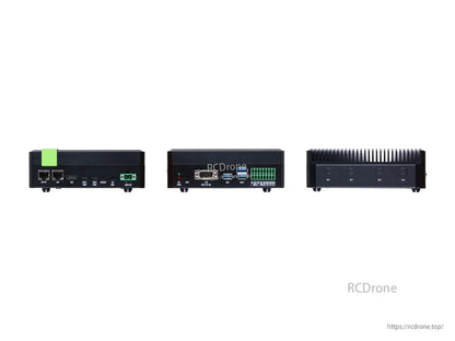 Compact industrial AI computer powered by Jetson Orin Nano (4GB, 20 TOPS), featuring dual GbE PoE, HDMI, USB, GPIO, and power input for edge computing applications.
