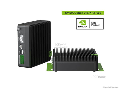 Fanless industrial Jetson Orin NX 16GB dev kit with dual GbE, CAN, HDMI, M.2 NVMe, and Elite Partner logo.