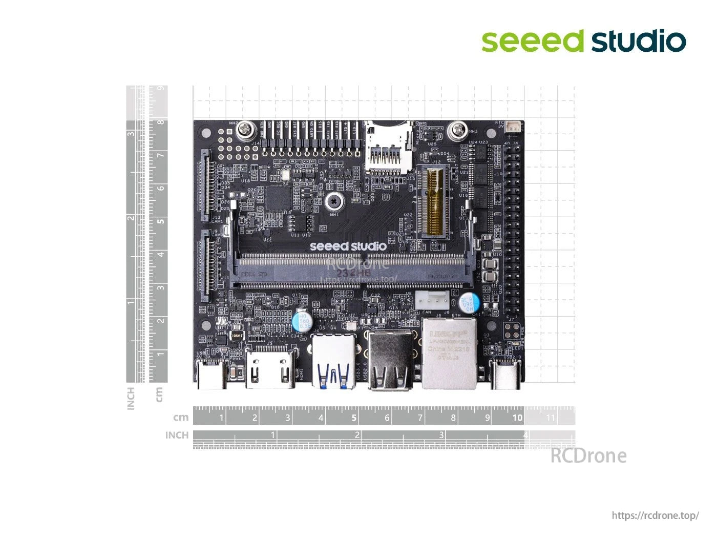 Compact reComputer J101 mini board featuring HDMI 2.0, GbE, USB 3.0/2.0, dual CSI, M.2 Key E, microSD, and 5V/3A power support.