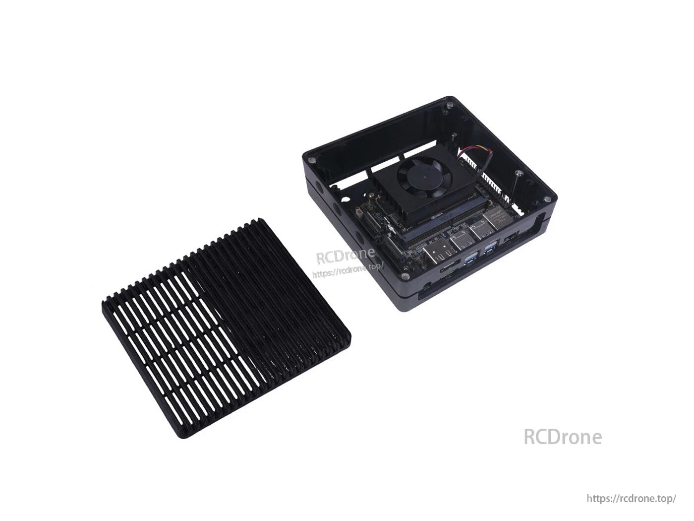 Compact Jetson Xavier NX 8GB AI computer with HDMI/DP, 4x USB 3.1, GbE, M.2 slots, includes cooling fan and heatsink for edge computing.