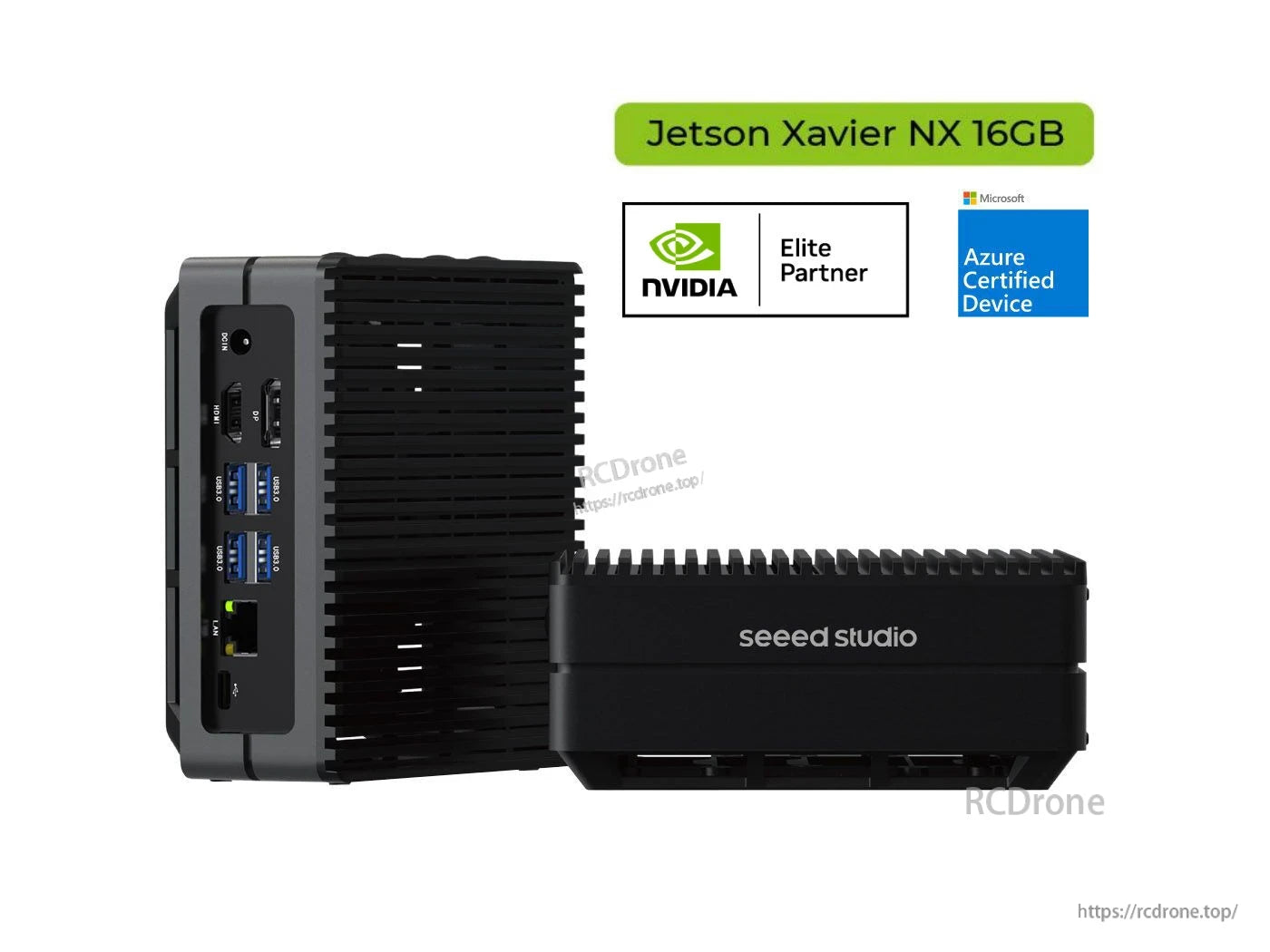 Jetson Xavier NX 16GB: NVIDIA Elite Partner, Azure-certified, 4×USB 3.1, HDMI/DP, GbE, M.2, 21 TOPS AI performance, by Seeed Studio.
