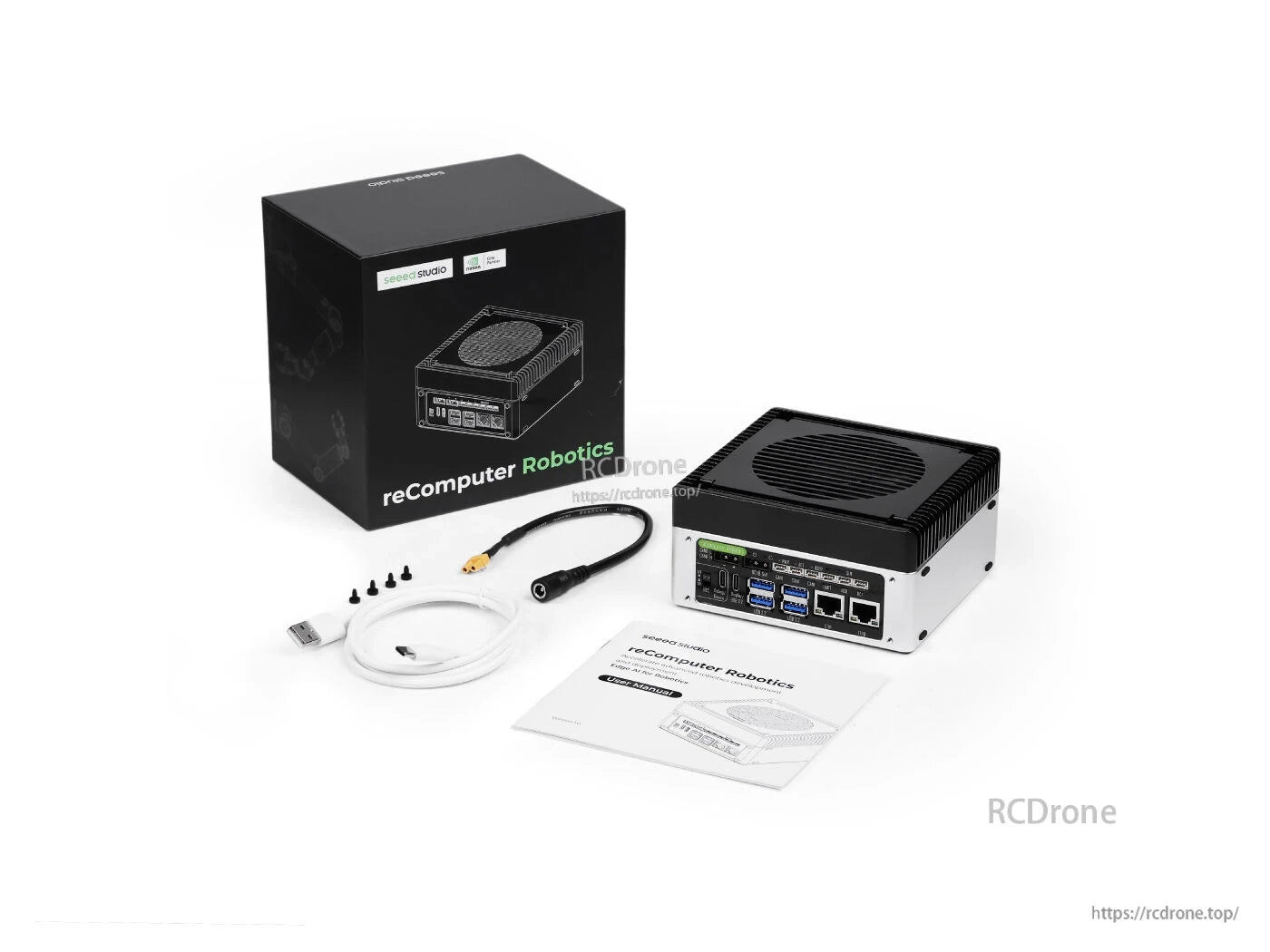 The reComputer J3011 is an Edge AI computer with Jetson Orin Nano 8GB, delivering 67 TOPS, JetPack 6.2, and includes box, cables, manual, and accessories.