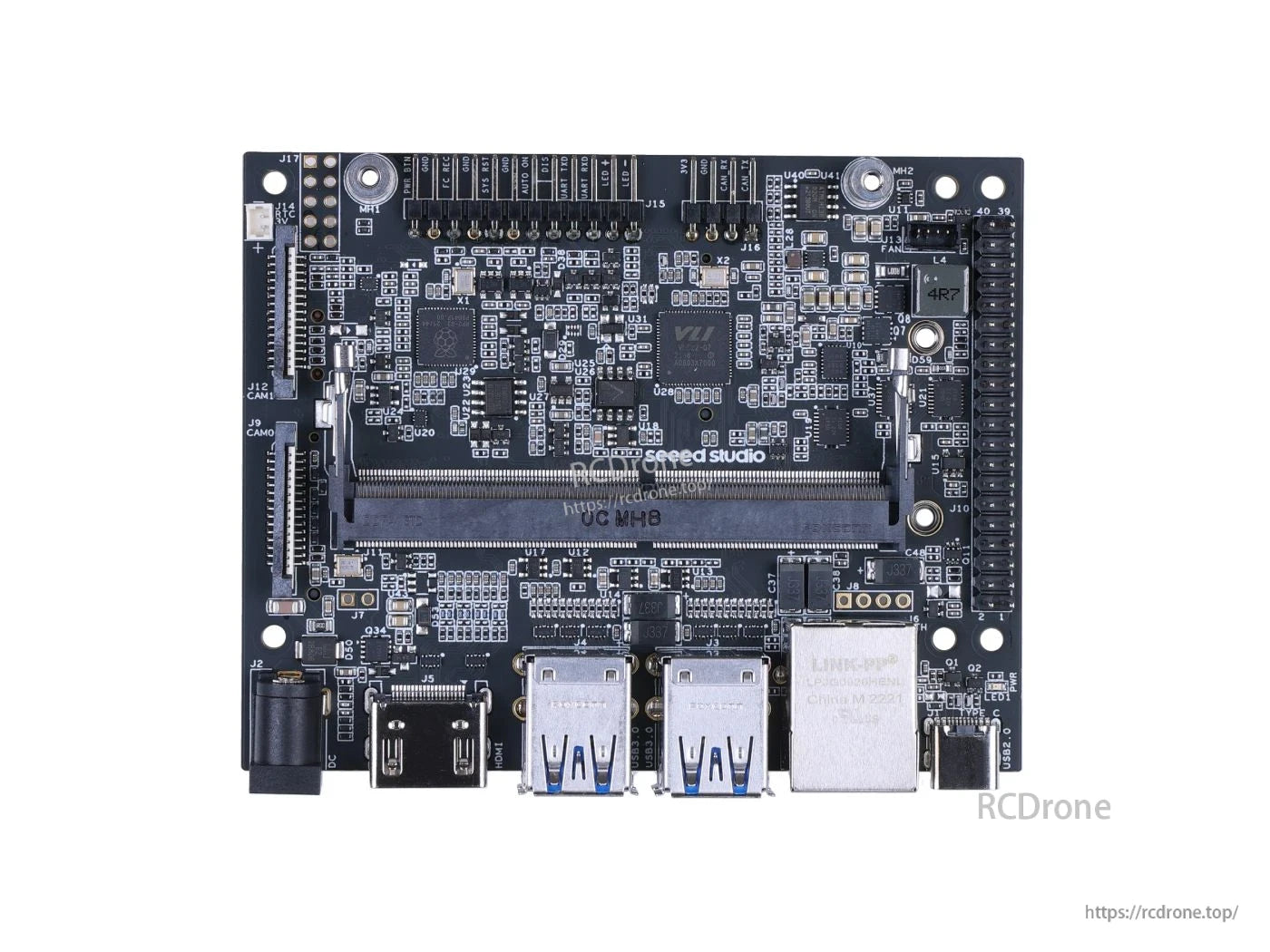 A carrier board for Jetson Orin Nano and Orin NX, featuring Gigabit Ethernet, 4x USB, 32 HDMI, and no power adapter included.