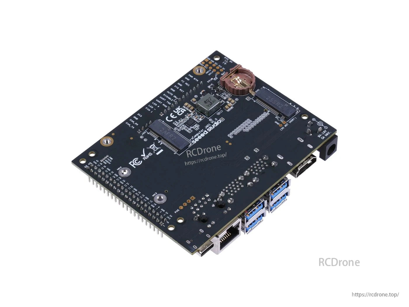 Open-source reComputer J401 carrier board for Jetson Orin Nano/NX supports GbE, 4x USB 3.2, HDMI 2.1, and multiple connectors, ideal for embedded computing applications.
