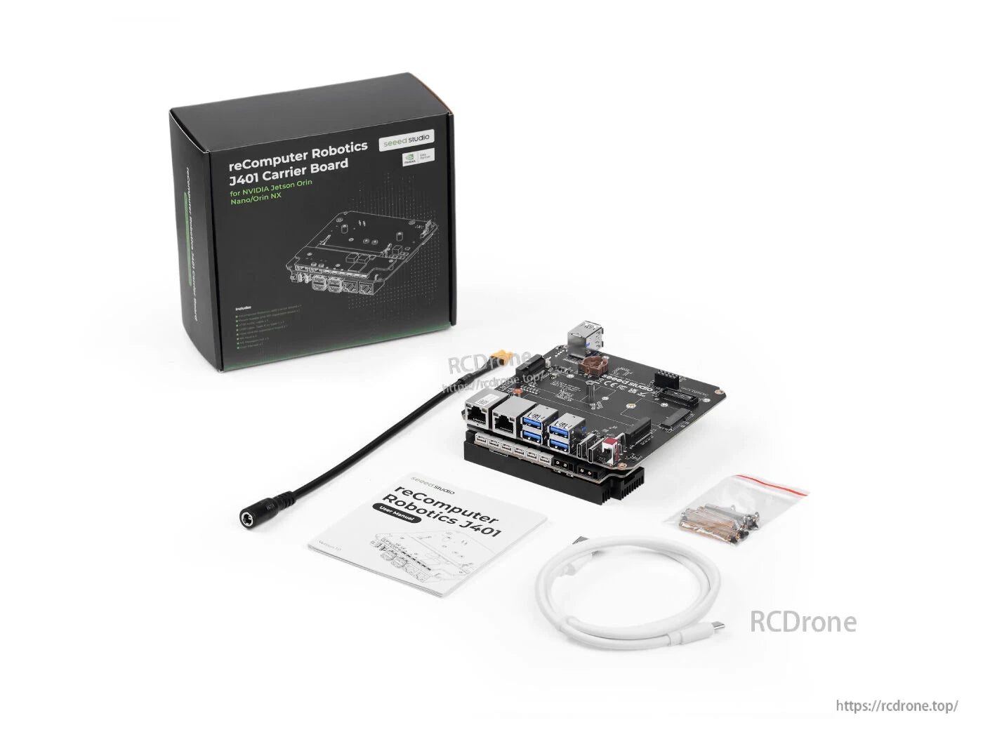 reComputer J401 Carrier Board for Jetson Orin Nano/NX features 6x USB 3.2, dual GbE, M.2 slots, JetPack 6.2, and includes manual, cables, and accessories.