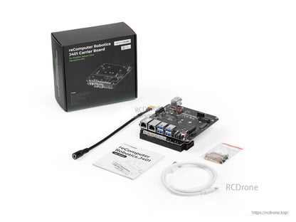 reComputer J401 Carrier Board for Jetson Orin Nano/NX features 6x USB 3.2, dual GbE, M.2 slots, JetPack 6.2, and includes manual, cables, and accessories.