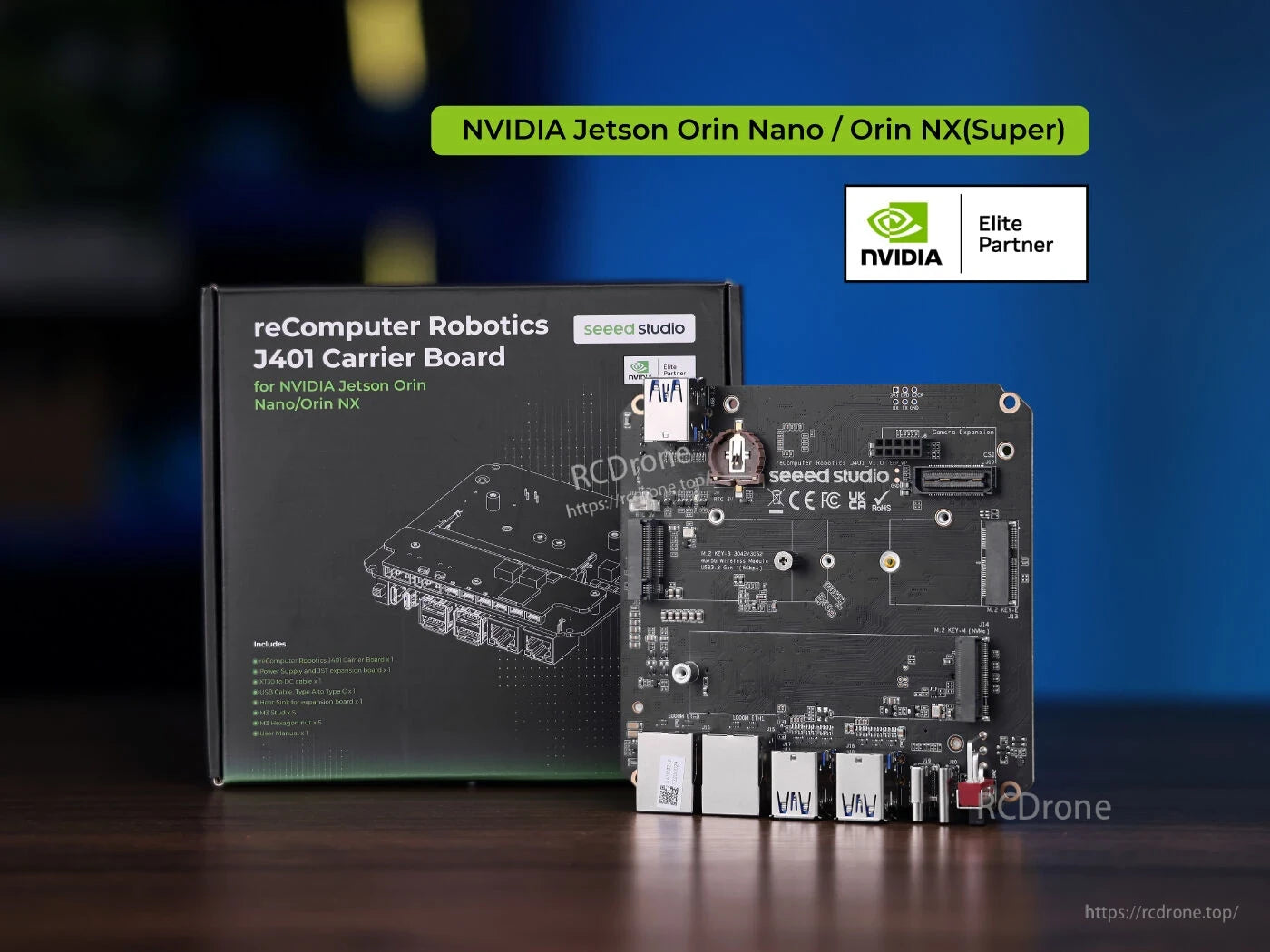 J401 carrier board for NVIDIA Jetson Orin Nano/NX supports 6x USB 3.2, dual GbE, M.2 slots, JetPack 6.2. Includes power supply, expansion board, cables, manual. NVIDIA Elite Partner product. (25 words)