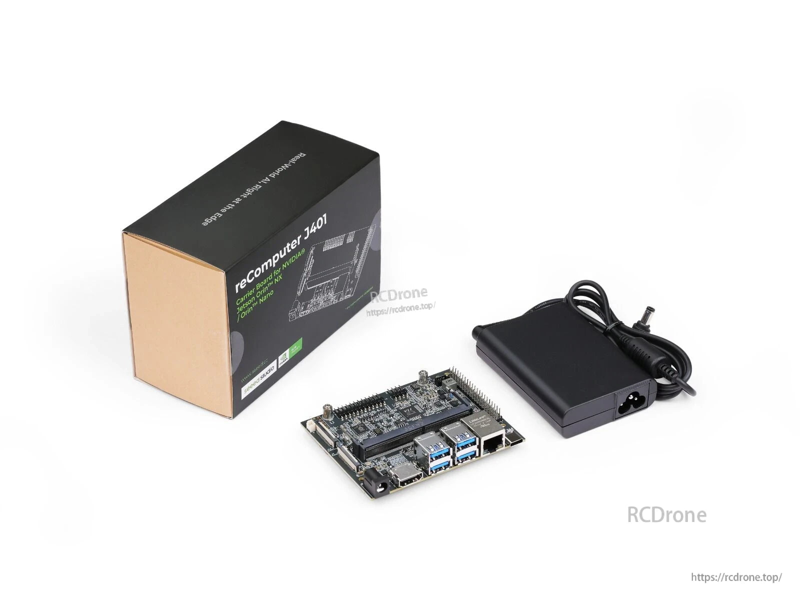 The reComputer J401 is a carrier board for NVIDIA Jetson Orin Nano/NX, offering GbE, 4x USB 3.2, M.2 slots, HDMI 2.1, and 12V/5A power support.