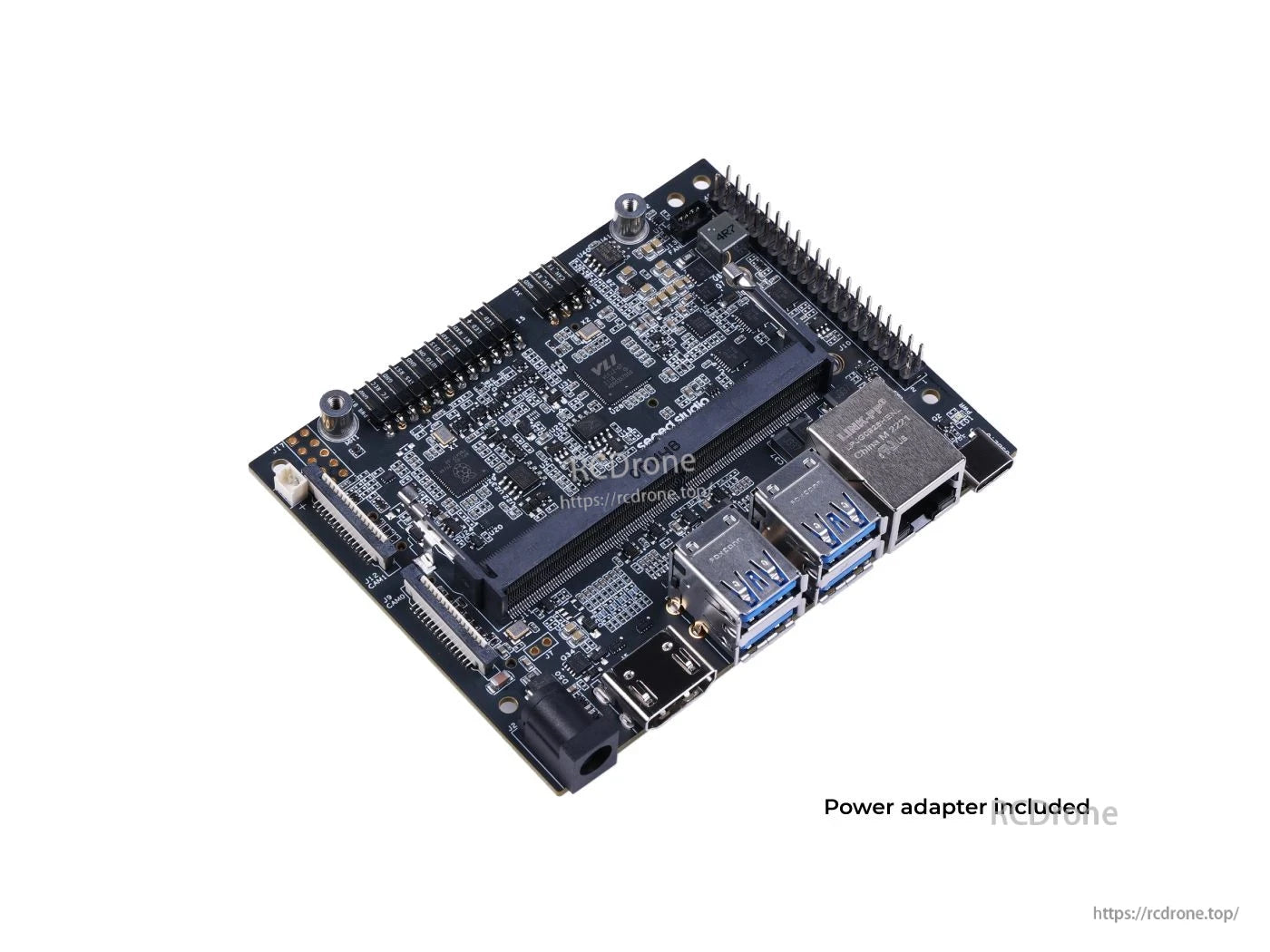 The reComputer J401 carrier board features GbE, USB 3.2, M.2, HDMI 2.1, and 12V/5A power input for high-performance edge computing applications.