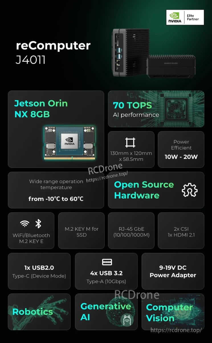 reComputer J4011 Edge AI, Jetson Orin NX 8GB offers 70 TOPS AI performance, open-source hardware, supports robotics, generative AI, and computer vision, with wide temperature tolerance, multiple connectivity, and power efficiency. (24 words)