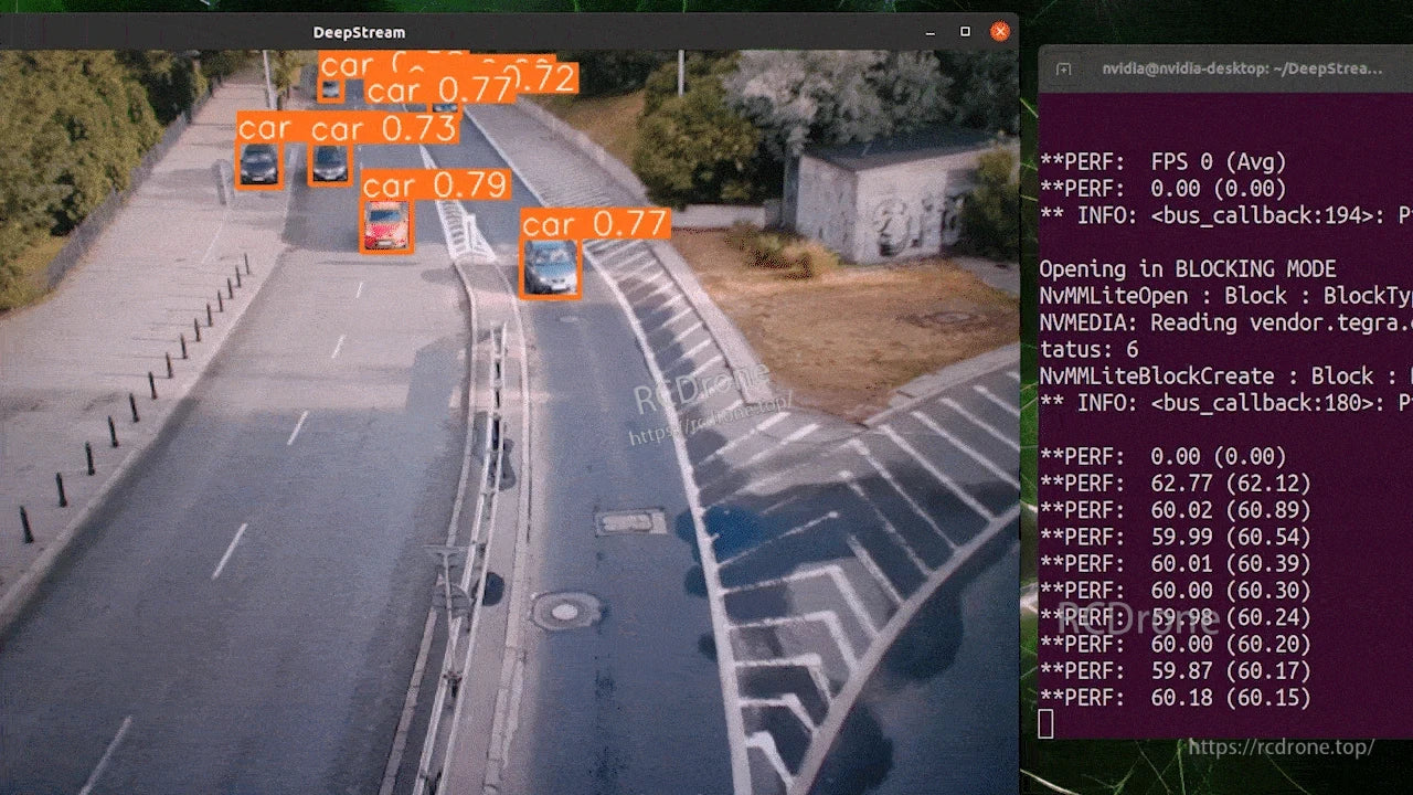 reComputer Mini J3011 AI Computer, DeepStream detects cars with confidence scores, displaying real-time FPS, performance metrics, and system status on an AI computer.