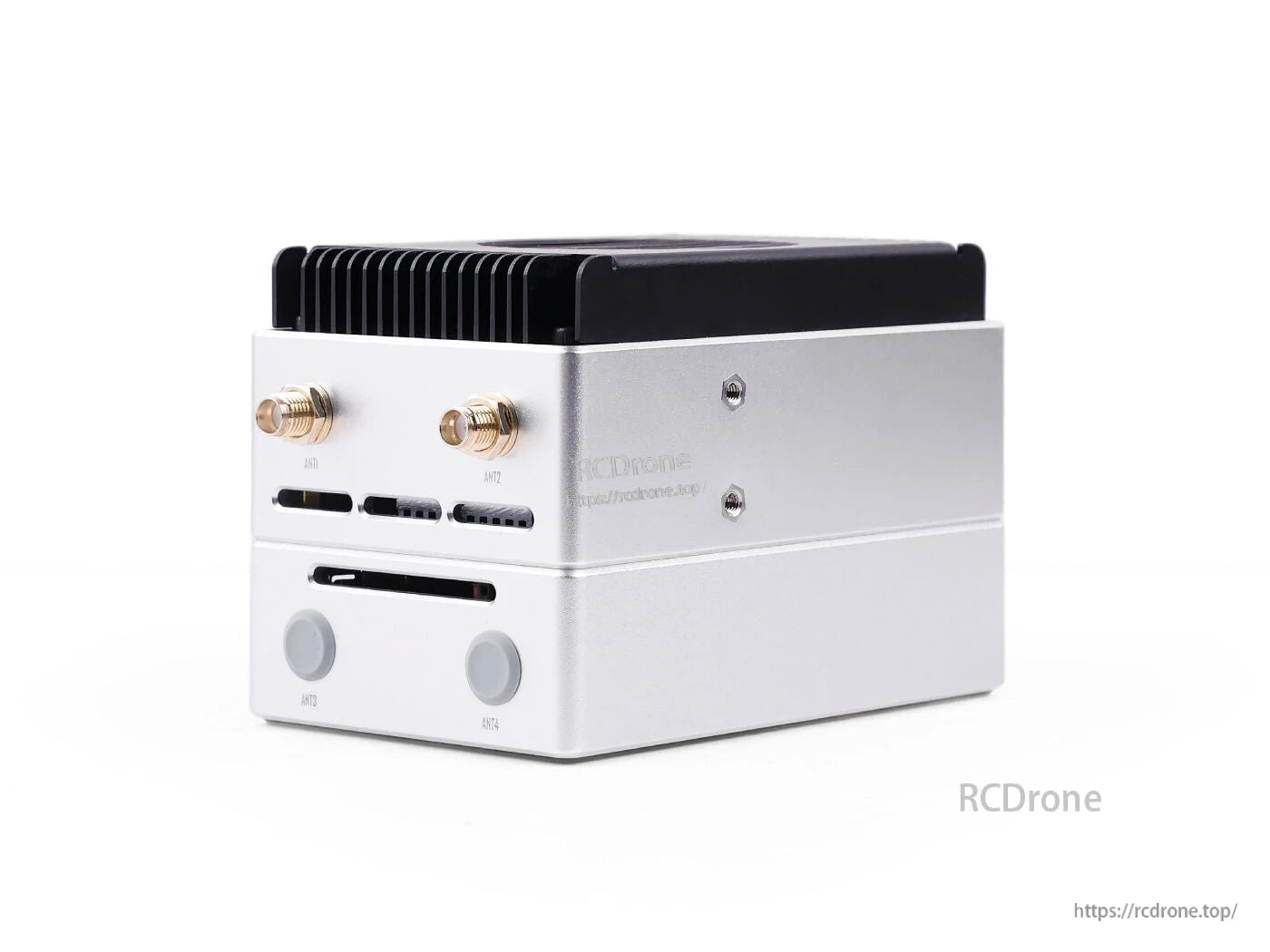 Compact Jetson Orin Nano 8GB AI computer with 40 TOPS, PCIe, 8 USB, dual CAN, ANT ports, aluminum case, and cooling fins.