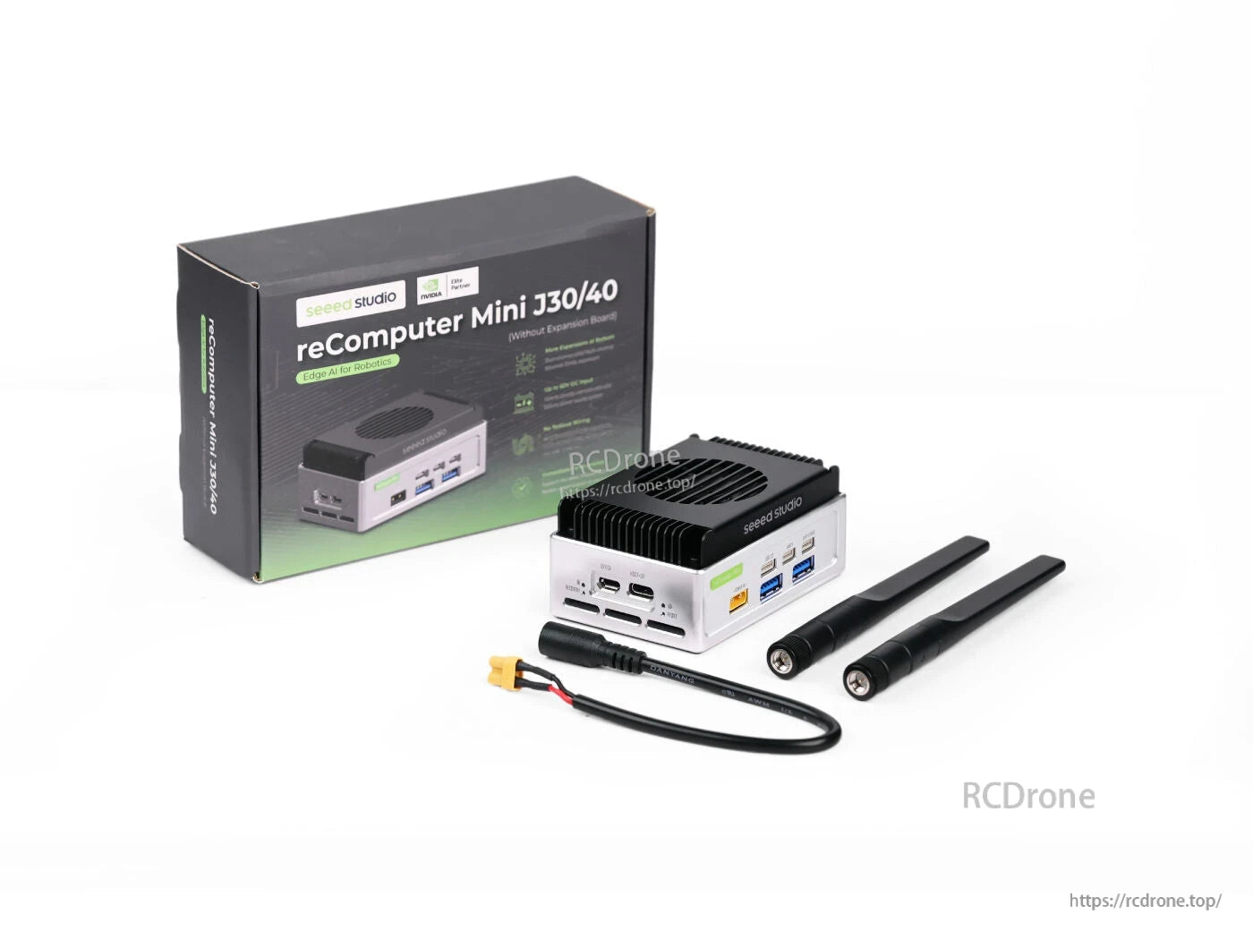 Compact NVIDIA Jetson Orin NX 16GB AI computer with 100 TOPS, 128GB NVMe, PCIe, DP 1.4, for robotics; includes power cable and antennas.