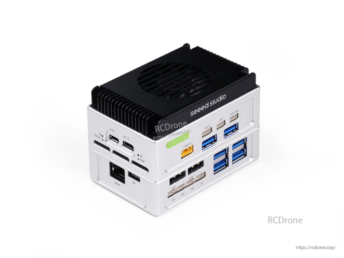 Compact Edge AI computer with NVIDIA Jetson Orin NX 16GB, 100 TOPS, wide voltage input, Dual CAN, USB, HDMI, Ethernet, and GPIO for industrial drone applications.