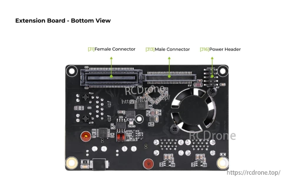 reComputer Mini, Extension Board bottom view with female, male connectors and power header labeled.