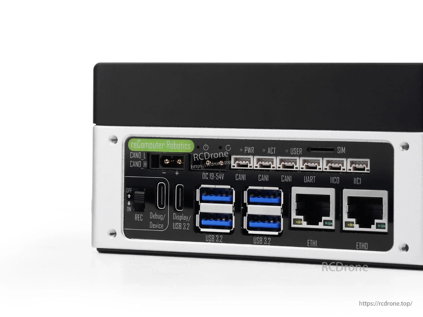 reComputer Robotics J4011 NVR Server with Jetson Orin NX (8GB, 117 TOPS), dual GbE, six USB 3.2, CAN, UART, I2C, wide DC input, debug/display ports, and JetPack 6.2 support.