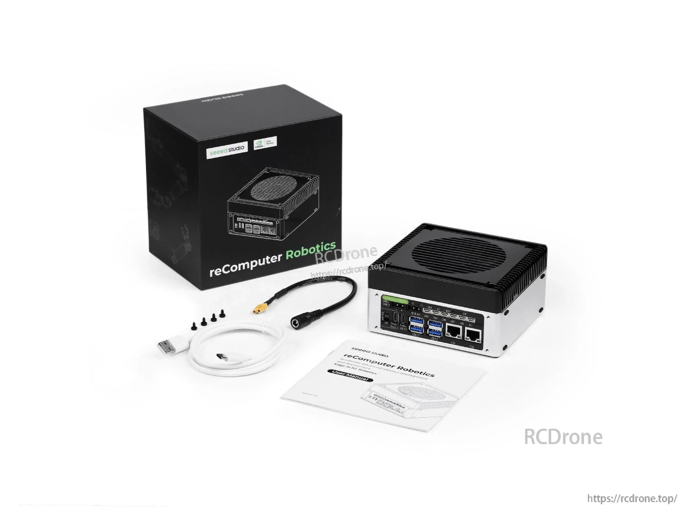 The reComputer J4012 is an NVIDIA Jetson Orin NX-powered Edge AI computer with 16GB RAM, 157 TOPS performance, including box, cables, and manual.