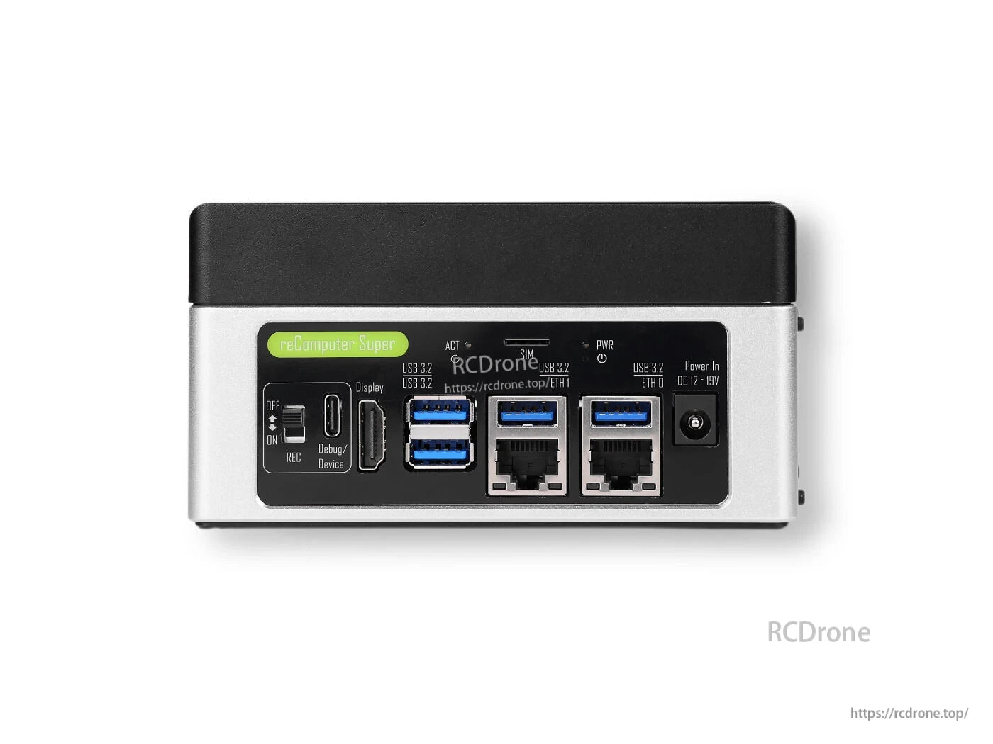 Compact edge AI computer with NVIDIA Jetson Orin Nano 4GB, 34 TOPS, dual GbE, USB 3.2, HDMI 2.1, SIM slot, and DC power input for versatile AI applications.