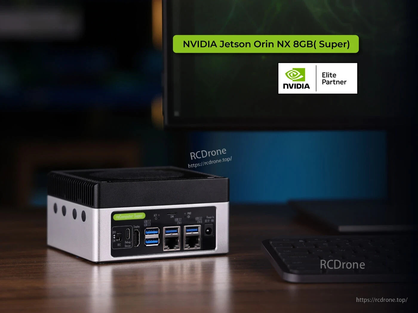 NVIDIA Jetson Orin NX 8GB Super offers 117 TOPS, JetPack 6.2, reComputer J4011, 4x USB 3.2, 2x GbE, and visible NVIDIA logo—ideal for AI edge computing.