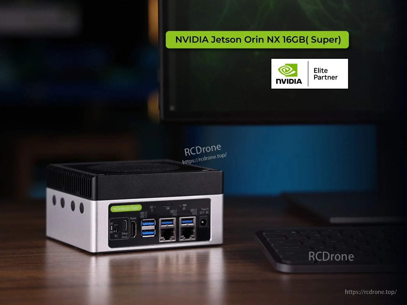 High-performance NVIDIA Jetson Orin NX 16GB with 157 TOPS, reComputer J4012, multiple USB/GbE ports, HDMI 2.1, and visible NVIDIA logo.