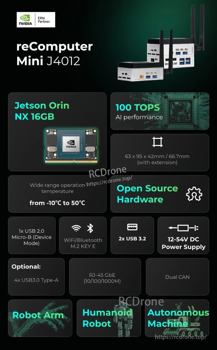 reMini Edge AI Computer, Jetson Orin NX 16GB offers 100 TOPS AI performance, open-source hardware, wide temperature range, USB, WiFi/Bluetooth; optional extras for robotics and autonomous machines.