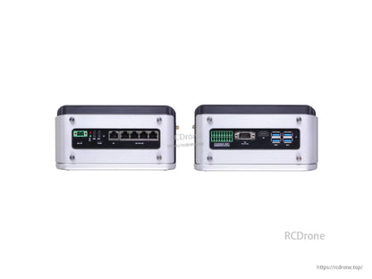 A fanless AI NVR server with AI capabilities and 5 Gigabit Ethernet ports.