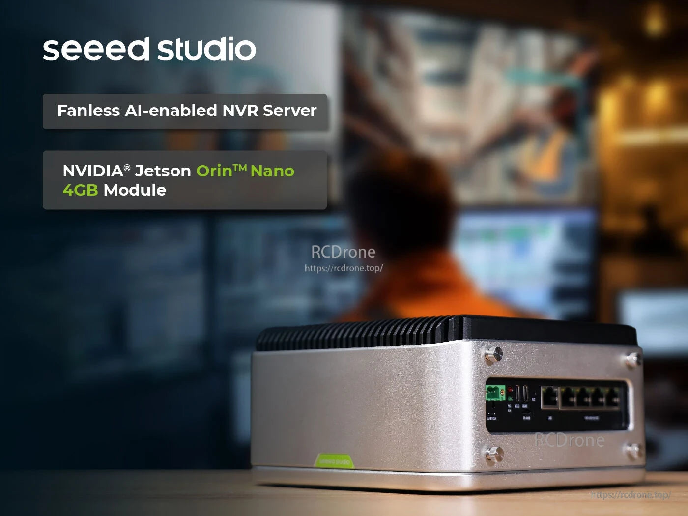 Fanless AI NVR server powered by NVIDIA Jetson Orin Nano 4GB, delivering 20 TOPS, with 5x GbE PoE ports and dual 2.5" drive bays for edge AI applications.